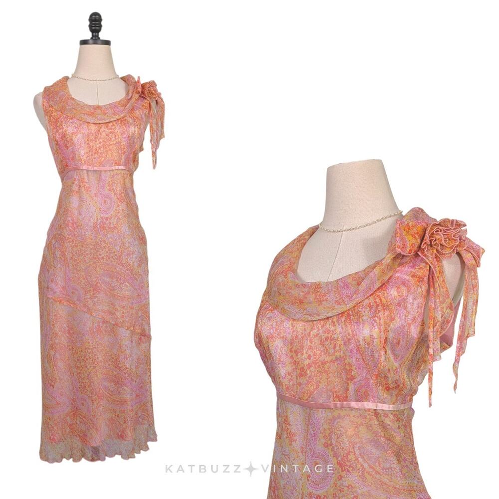 Y2K Silk Floral Midi Dress 8 Pink Orange Babydoll Fairy Ruffle Bow Sleeveless